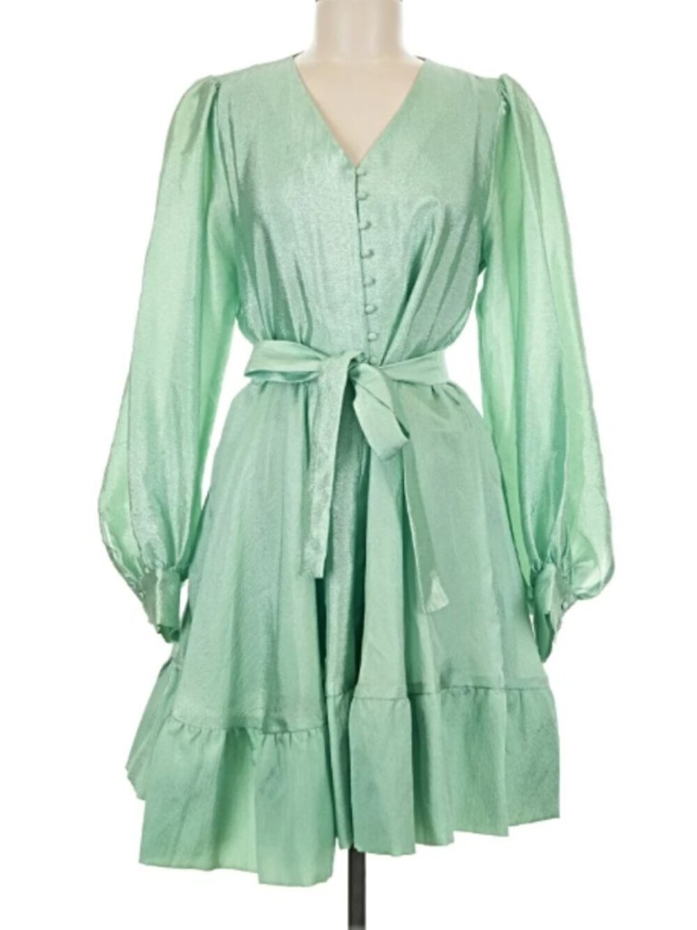 Stine Goya Farrow Metallic Green Satin Tie Waist Dress M